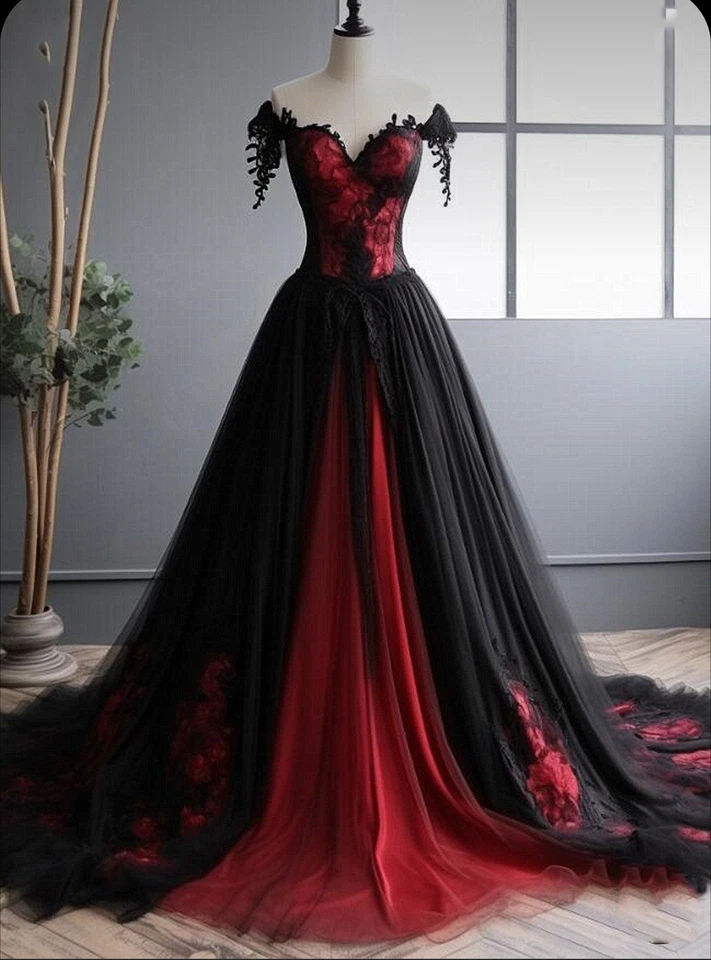Black Red Gothic Wedding Dresses A Line Off Shoulder Lace Appliques Bridal Gowns - Image 2 of 4