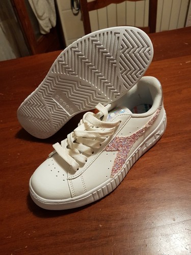 DIADORA GAME STEP GS SCARPE DONNA RAGAZZA BIANCO CON GLITTER ROSA PLATTFORM  | eBay