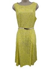 Adrianna Papell Dress 14 Yellow Lace Sleeveless Belted Silk Cotton Knee Length