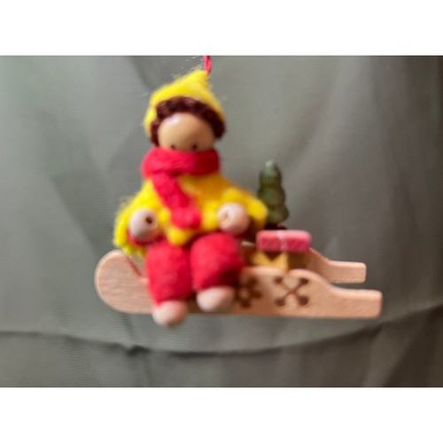 Handmade Vintage Child Sledding Felt Wood Gifts Christmas Ornament Yellow - Picture 2 of 5