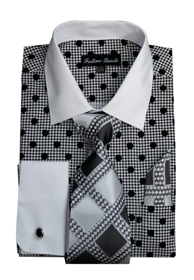 Solid Body With Poka-A-Dot Collar Black French Cuff Men'S Dress Shirt main image 1