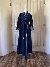 vintage blue velour robe, tassels, pockets puffed sleeve evelyn pearson medium