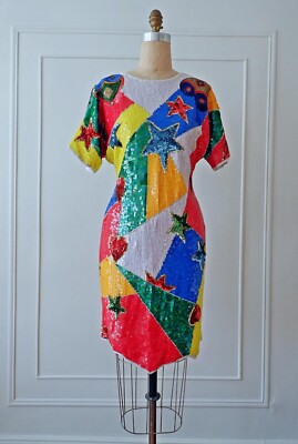 80s Disco Colorful Sequin Dress/Heart & Stars Silk Geometric/ Medium | eBay 80s Disco Colorful Sequin Dress/Heart & Stars Silk Geometric/ Medium | eBay