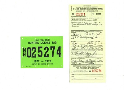 1972-73 New York NY State Non Resident Hunting License Tag 025274 ...