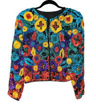 Vintage 80s Colorful Beaded Sequined 100 Silk Ribbon Bolero Jacket Small/Medium