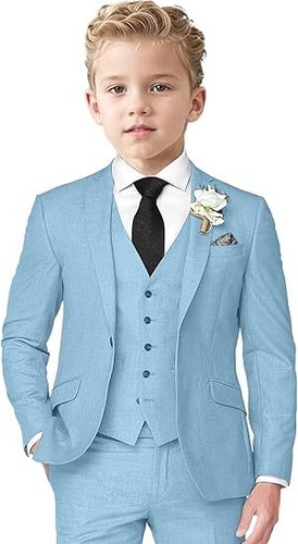 Boys Linen Suit 3 Piece Slim Fit Suits for Kids Formal Tuxedo Suits for Summer - Picture 18 of 35