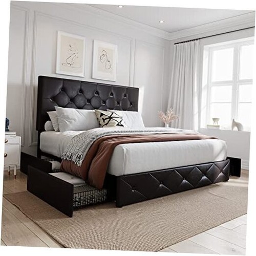 Upholstered Platform Storage Bed Frame with 4 Queen Black Brown Modern