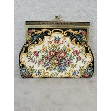 Vintage Style Floral Needlepoint Clutch Bag Black Gold Kiss Lock Evening Purse