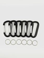 3" D Shape Black Aluminum Carabiner Spring Gate Key Chain w/ Key Ring - 6 pcs