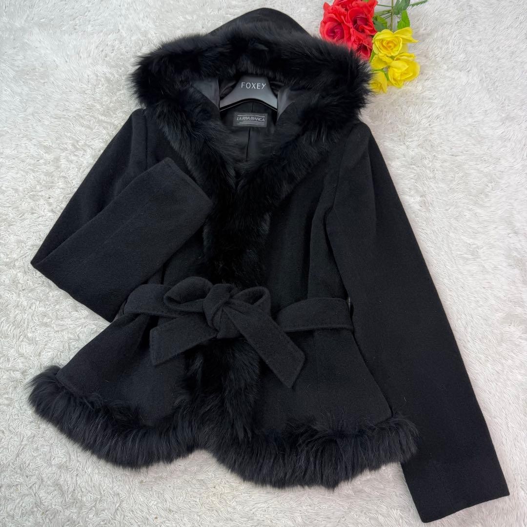 Blue Fox Angora Blend Cropped Women Jacket Coat Belt Design Real Fur M Authentic