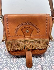 Handmade Tooled Leather Crossbody Bag Fringe Boho/Western Saddle Purse 9x10  