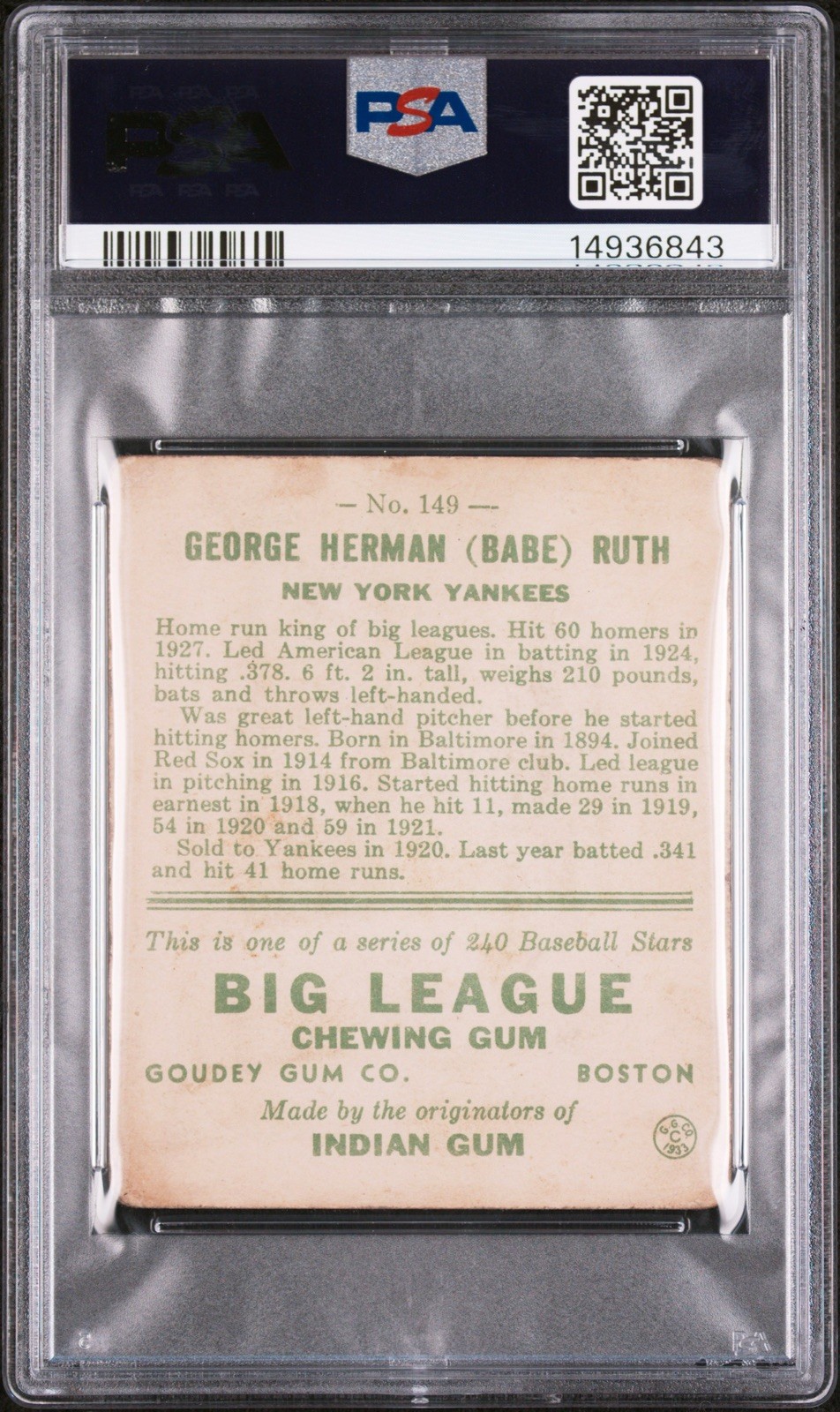 1933 Goudey Babe Ruth #149 PSA 3 view 2
