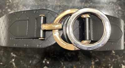 Bebe Faux Leather Dress Belt Women s Gold/Silver Tone Buckle Rings Stretch M/L