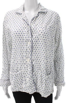 Roller Rabbit Womens Collared Cotton Long Sleeve Pajama White Graphic Size L