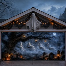 Halloween Garage Door Cover Ghost 6x13ft 6 x 13 ft, blue