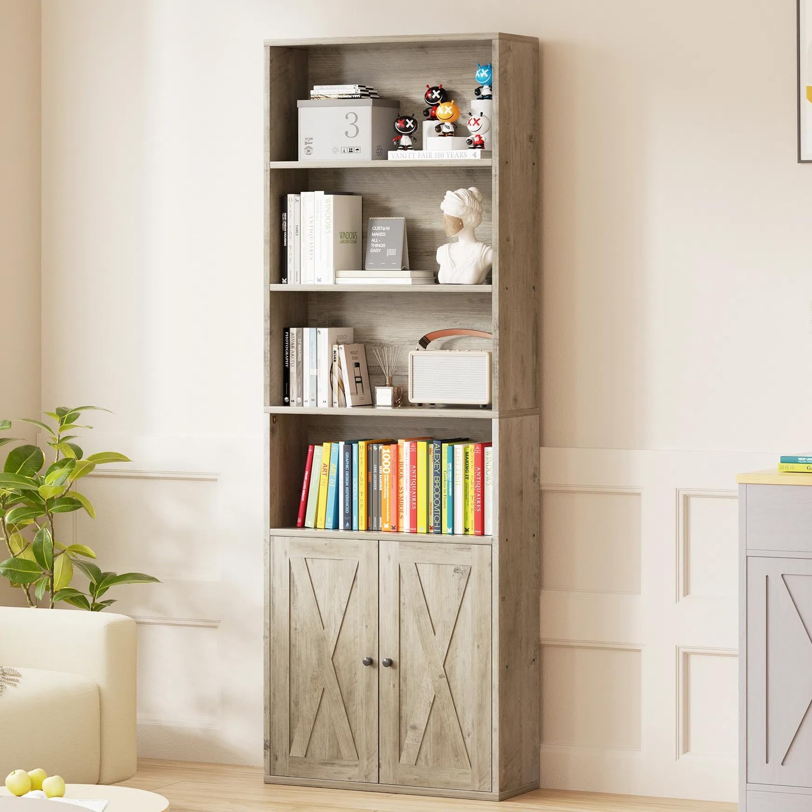  6-Tier Open Bookcase and Bookshelf with Doors, 71 Inch Wood