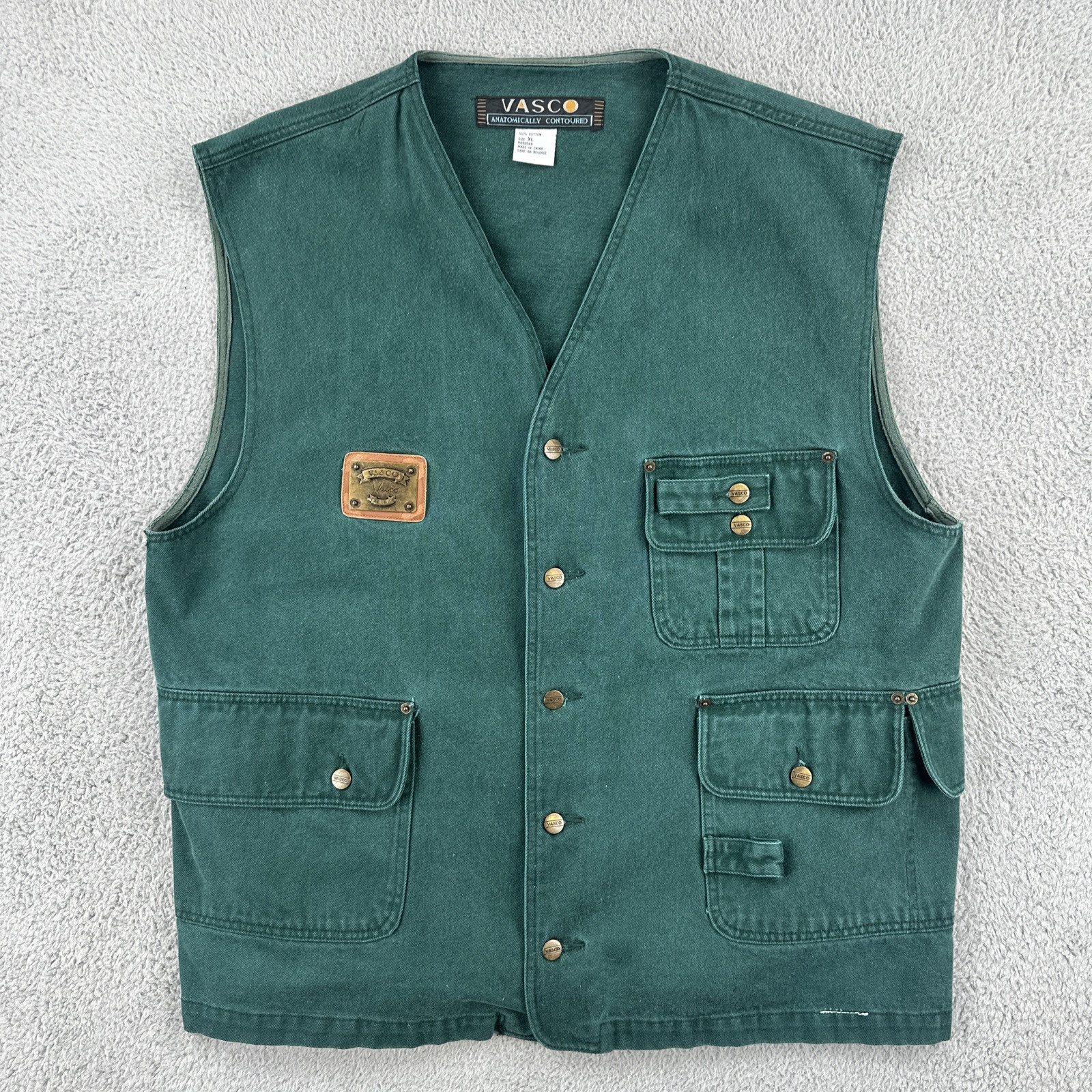 Vintage Vasco Anatomically Contoured XL Green Cotton Button Up Vest Multi Pocket