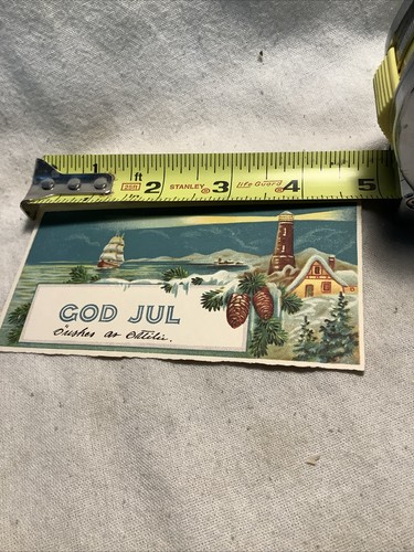 Tarjeta de felicitación de Navidad God Jul vintage faro Suecia piñas suecas envío - Imagen 3 de 3