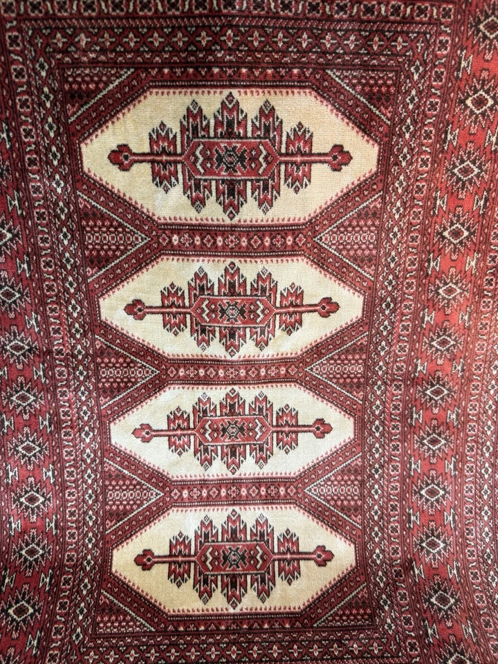 ALFOMBRA DE LANA VINTAGE TEJIDA A MANO ESTILO TURCO PATRÓN GEO TRIBAL ROJO CREMA 45"X26" Foto 2 de 4