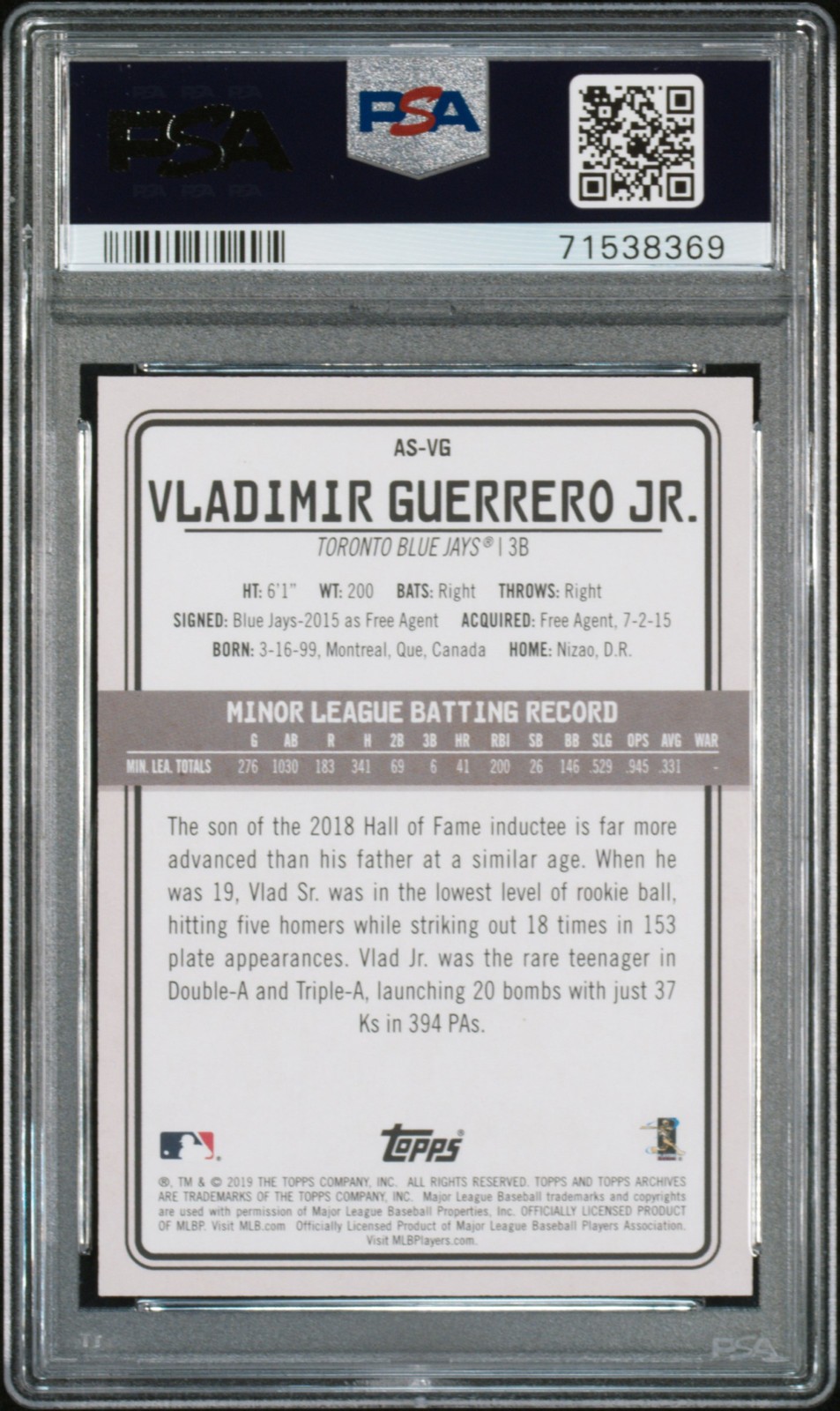 2019 TOPPS ARCHIVES SNAPSHOTS #AS-VG VLADIMIR GUERRERO JR. ROOKIE RC PSA 10 view 2