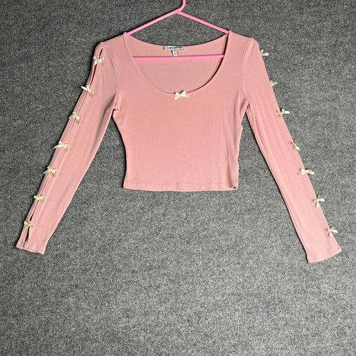 Pretty Garbage Pink Ribbed Bow Sleeve Crop Top XS Coquette Balletcore