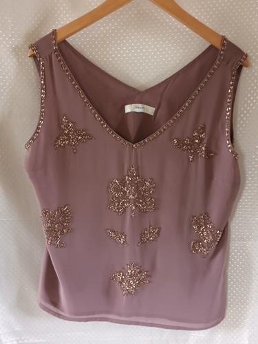 NEXT Plum Sequin Bead Chiffon Lined Sleeveless V Neck & Back Occasion Top UK M - Picture 3 of 14