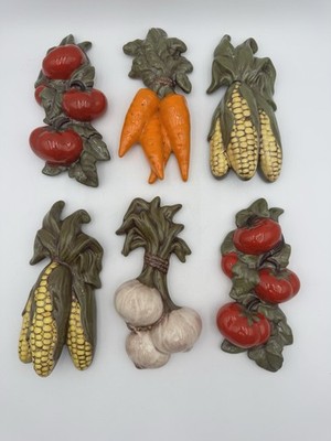 VTG Ceramic Vegetable Wall Plaques Set 6 MCM Retro 3D Kitchen Decor Tomato Corn 