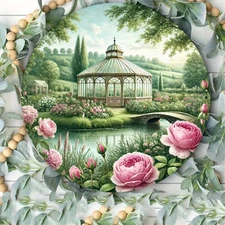 Vintage Floral Garden Metal Wall Art - Elegant Roses, Greenery & Pergola Design
