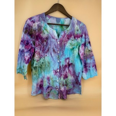 Laura Scott Women Large Tie Dye Embroidery V-Neck Casual Button Down Blouse