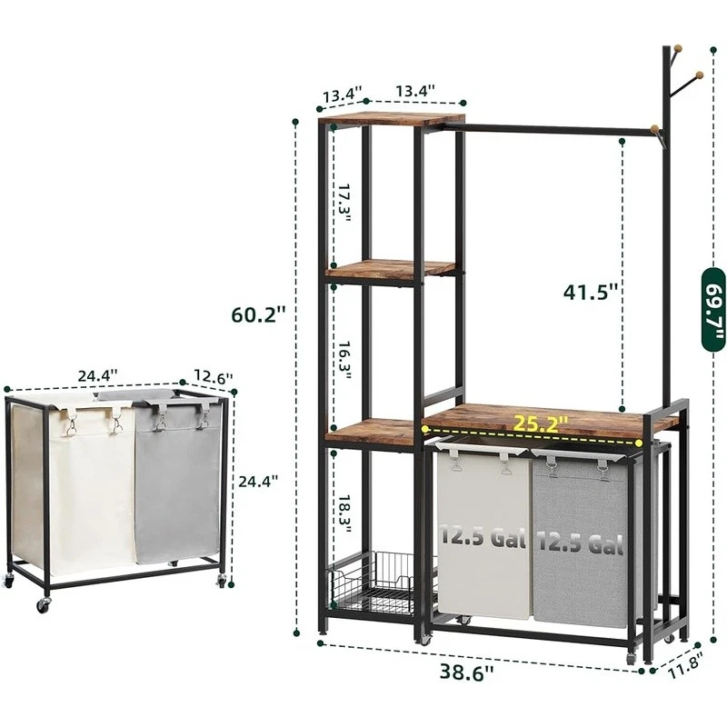 Multifunctional Laundry Storage Shelf W/ Hamper Clothes Rack Organizer Wheels US - Image 3 of 4