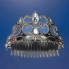 4" Rhinestone Plastic Tiara Crown Hair Combs Silver Tone Center Teardrop