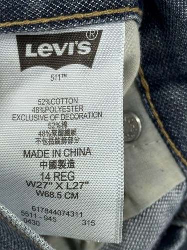 Levis 511 Jeans 27x27 Slim Fit Tapered Leg Denim Youth 14 REG Distressed - Picture 4 of 6