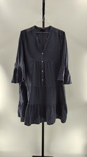 Quince Women 100% Organic Cotton Gauze Long Sleeve Tiered Mini Dress Indigo L