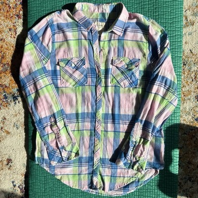 ABERCROMBIE AND FITCH Vtg Y2k Madras Plaid Flannel Shirt Women L Pink Blue Pill