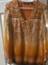 100 Silk Boho Embroidered Beaded Blouse Women s M Flowy Tunic Top-
