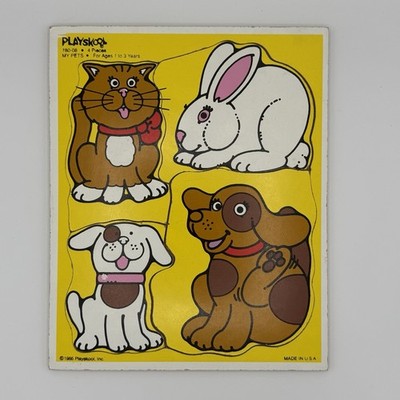 Vintage Playskool MY PETS Wooden Tray Puzzle 4 Pieces 180-08 1985 USA Cat Dog