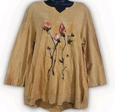 Jess & Jane Asymmetric Floral Tunic XL Goldenrod Yellow Split Neck 3/4 Slv Artsy