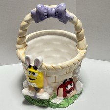 Vintage M&M Mars Candy Ceramic Easter Basket Red & Yellow M&M Bunnies 9” Planter