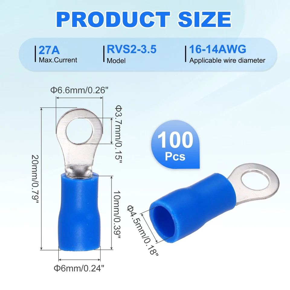 100Pcs Insulated Ring Terminal RVS2-3.5 16-14AWG Battery Connectors, Blue Foto 2 de 4