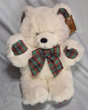 America Wego Christmas Teddy Bear 14" White Plush Tartan Plaid Bow Korea VTG
