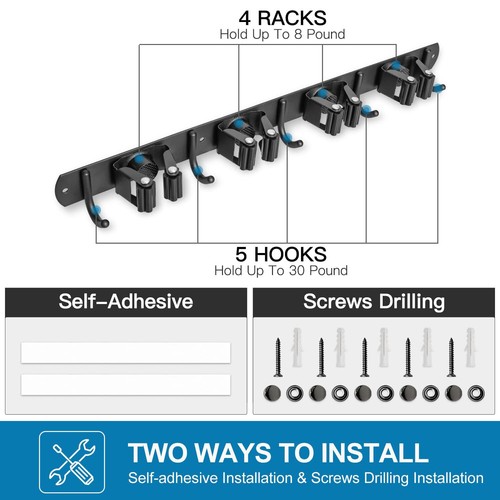 Mop Broom Holder 4 Racks and 5 Hooks Wall Mount Broom Organizer Storage Tool - Picture 3 of 8