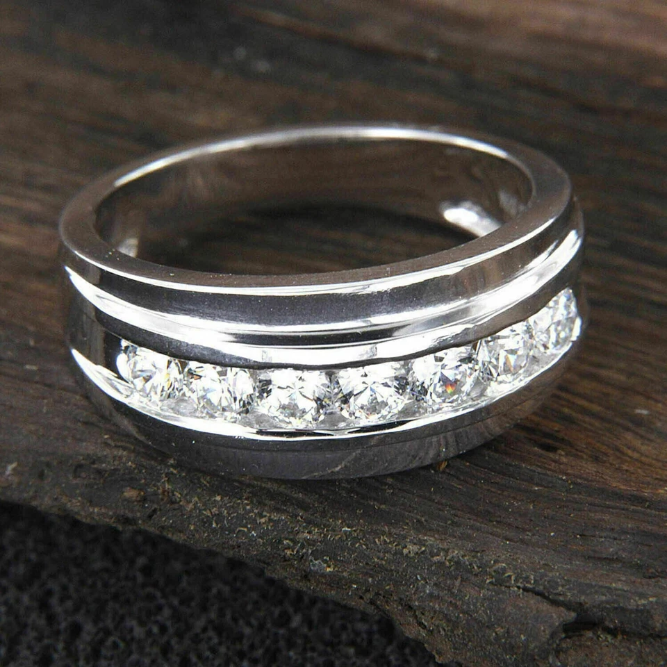 3 克拉男式实验室制造白色钻石结婚戒指 14K 白金饰面 — 第 2/4 张图片