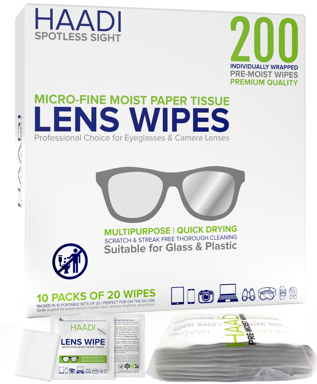 Glasses Cleaner Lens Wipes for Eyeglasses 200 Individually Wrapped Multipurpo...