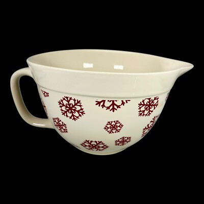 The Bake Shop Mixing Bowl Ceramic Red Snowflakes Pour Spout ''Let it Snow'' READ