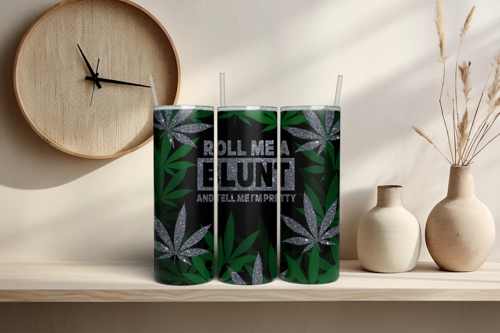 Tumbler Skinny 20oz  w/ Lid & Straw  Weed Leaf Cannabis Marijuana 420