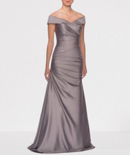 La Femme Off The Shoulder Ruched Satin Long EVENING Dress With Pleating Grey
