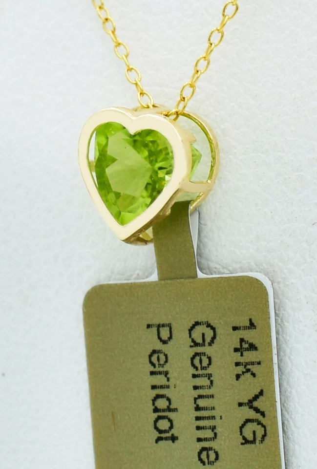 GENUINE 0.78 Cts PERIDOT HEART PENDANT 14K YELLOW GOLD - Free CHAIN - NWT - Image 3 of 3