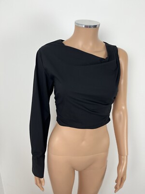 ZARA Black Asymmetric One Shoulder Long Sleeve Gathered Crop