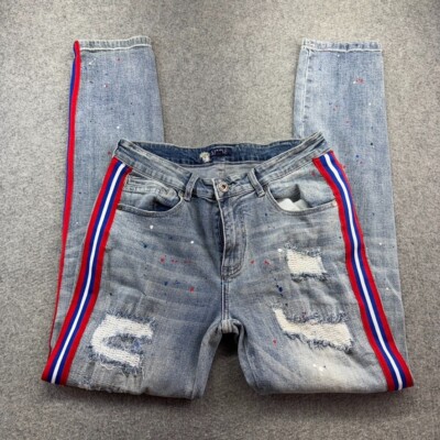 Staple Renown Pigeon Men's Distressed Skinny Jeans 30x32 Blue Red White Stripe
