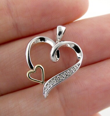 M Designer Sterling Silver 10k Yellow Gold Natural Diamond Two Heart Pendant 925